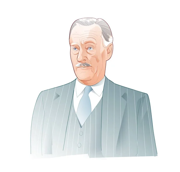 Digital illustration of actor John Williams. British classic cinema. Seen from the front in a suit and tie, on a white background.