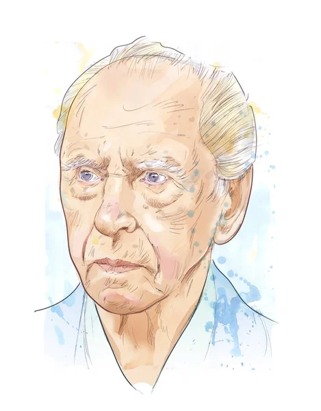 Illustration Older Man Seen Front Mixed Technique Pencil Watercolor Digital — Zdjęcie stockowe
