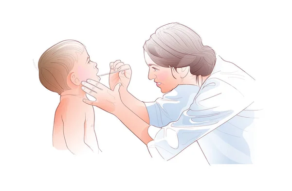 Цифрова Ілюстрація Лікаря Медсестри Хворої Дитини Він Дивиться Горло Палицею — стокове фото