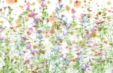 Çeşitli bitki ve çiçeklerin üç boyutlu çizimi. Havada yüzen polenle bahar arkaplanı.