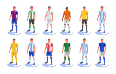 Çok sayıda futbolcunun (succer) 3D çizimi. Çeşitli milli takım ve takımların renginde tişörtler.