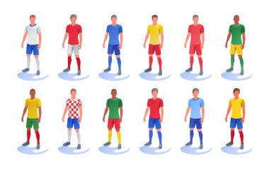 Çok sayıda futbolcunun (succer) 3D çizimi. Çeşitli milli takım ve takımların renginde tişörtler.