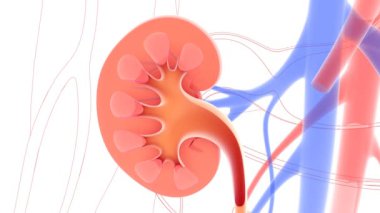 Üç boyutlu anatomik ve böbreğin çizgi animasyonu. İskelet arkaplanındaki damarlar ve arterler. Kabul edilen biçimler.