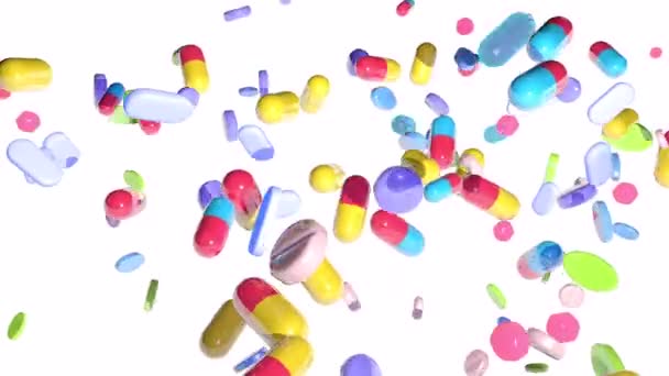 Animación Cápsulas Tabletas Flotando Aire Movimiento Varios Medicamentos Cortados Sobre — Vídeo de stock