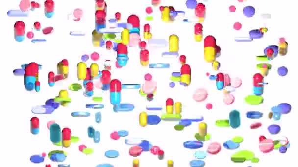 カプセルとタブレットの3Dアニメーションは 動作中の空気中に浮かびます 白い背景にカットされたさまざまな薬 — ストック動画