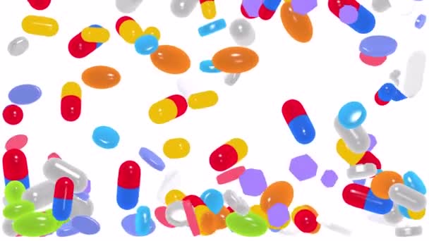 Animación Cápsulas Tabletas Flotando Aire Movimiento Varios Medicamentos Cortados Sobre — Vídeos de Stock