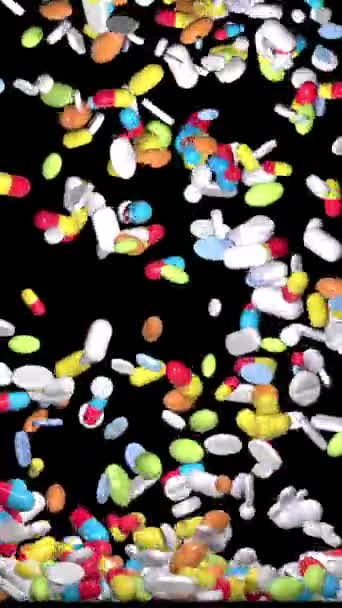 Animering Läkemedelskapslar Och Tabletter Som Flyter Luften Rörelse Klipp Svart — Stockvideo