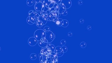 Uzayda hareket eden şeffaf cam kabarcıklarının 3 boyutlu animasyonu. Koyu mavi bir arkaplanda aşağıdan ortaya çıkıyor.