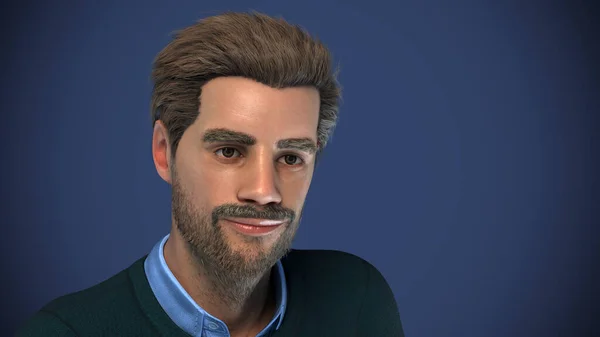 40岁高龄男子 蓝底工作室肖像画3D插图中有胡子 — 图库照片