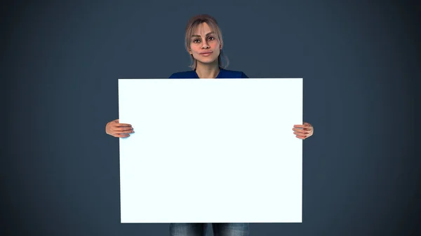 Mujer Sosteniendo Mostrando Cartelera Blanca Espacio Copia Blanco Azul Gris — Foto de Stock
