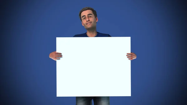 Mann Hält Plakatwand Leer Kopierraum Weiße Leinwand Bord Auf Blauem — Stockfoto