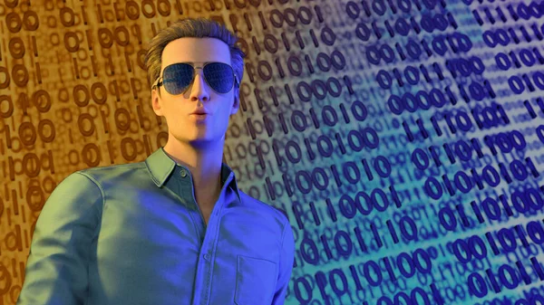online security expert hacker programming binary code man with sunglasses on computer network 3D illustration