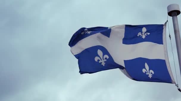 Quebec Flag Fluttering Wind Canada French Culture Nation Gray Cloudy — Stock Video