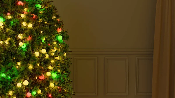 Holiday Christmas Background Illuminated Tree Fir Beige Wall Curtain Empty — Stock Photo, Image