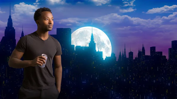 man drinking soft drink soda can staring at full moon light at night over the city building silhouette and clouds skyline cityscape 3D illustration