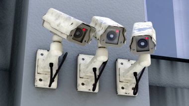 Güvenlik kameraları alarm sistemi korumalı CCTV güvenlik 3D illüstrasyon