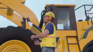 worker on construction site backhoe excavator yellow bib and hard hat noise canceling headphones safety protective wear 3D animation