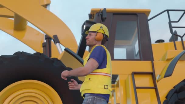 Worker Construction Site Backhoe Excavator Yellow Bib Hard Hat Noise — Stockvideo