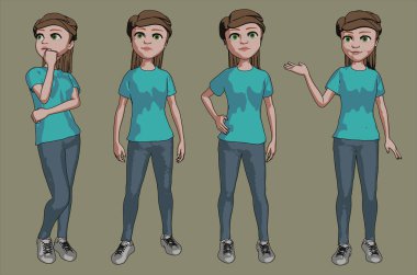 young woman cartoon standing 4 poses full length spokesperson showing presentation free style illustration