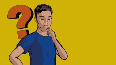 pensive man thinking and wondering question mark on yellow background genius cartoon wondering problem and solutions worry illustration