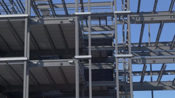 Metal Beams Building Frame Structure Iron Steel Construction Site Panning — Stock videók