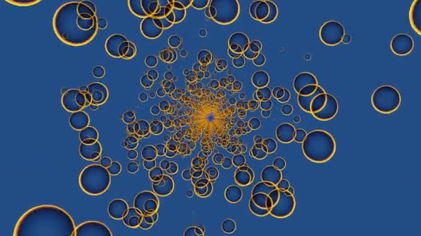 Λαμπερό Κύκλους Βρόχο Σήραγγα Κίτρινες Φυσαλίδες Δαχτυλίδια Μπλε Άπειρο Χώρο — Αρχείο Βίντεο