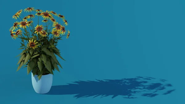 Sárga Margaréták Pot Kék Háttér Virágos Elrendezése Árnyék Másolási Tér — Stock Fotó