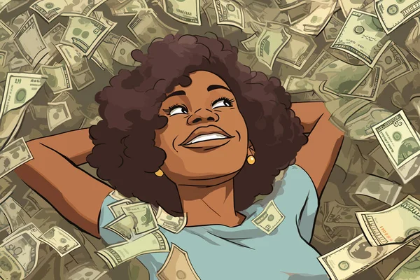 Joven Mujer Rica Chica Africana Acostado Una Pila Dinero Soñando — Vector de stock