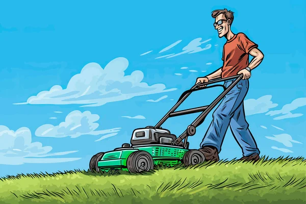 芝刈り機の男芝刈り機のメンテナンス造園サービス中小企業の庭師学生夏の仕事 — ストックベクタ
