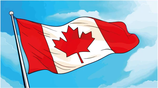 Bandeira Acenando Pólo Dia Canadense Patriotismo Canadiano Balançando Vento Céu — Vetor de Stock