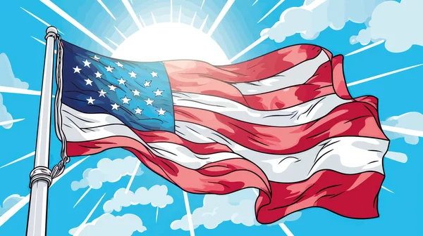 美国国旗在蓝色水花背景上迎风飘扬 附有独立日矢量图解 — 图库矢量图片