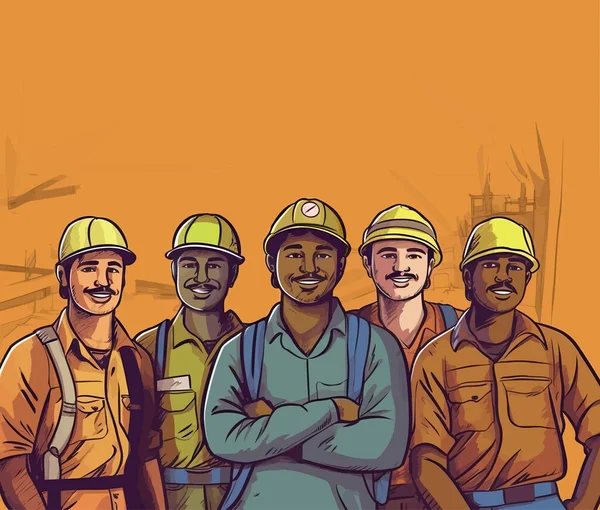 Trabajadores Del Sitio Construcción Hardhat Mans Trabajando Duro Sobre Fondo — Archivo Imágenes Vectoriales