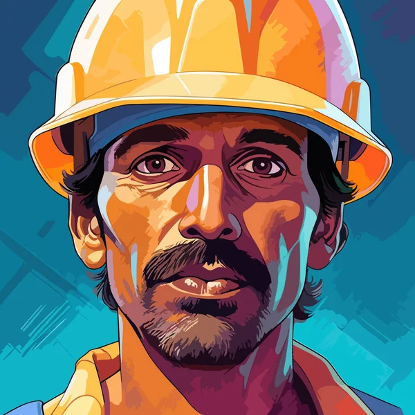 Travailleur Construction Gros Plan Portrait Vrai Homme Travaillant Dur Casque — Image vectorielle