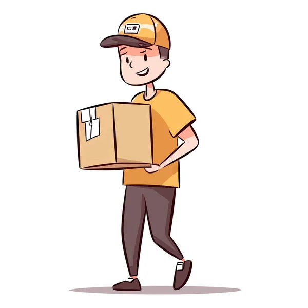 Delivery Man Holding Package Shipping Carrying Box White Background — Stock Vector