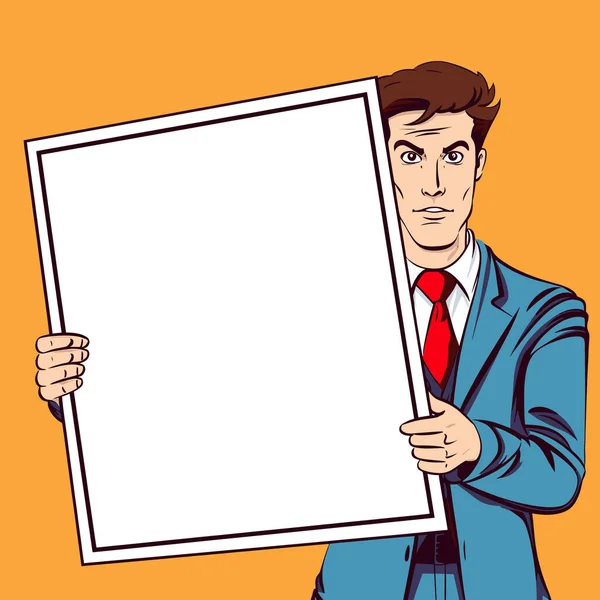 Man Suit Tie Businessman Presenting Message Board White Blank Copy — Stock Vector