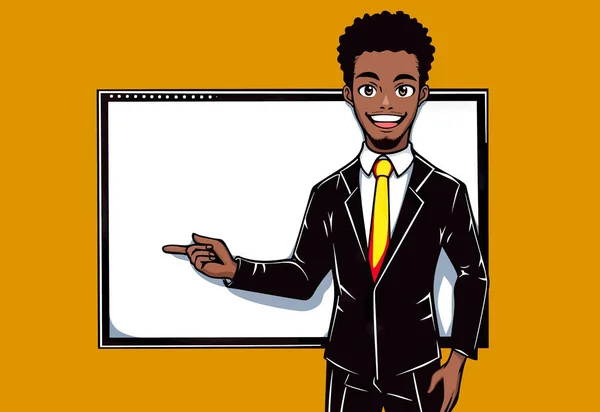 Mężczyzna Prezentuje Biały Plansza Afrykański Pokazując Przestrzeń Wiadomość Reklama Pomarańczowym — Wektor stockowy