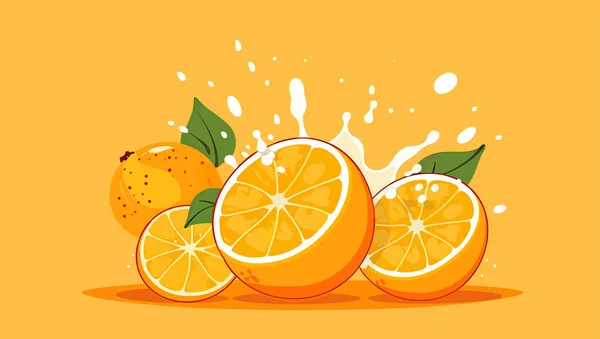 Friss Narancs Zöld Levelekkel Élénk Narancssárga Háttérrel Néhány Csepp Gyümölcslé — Stock Vector