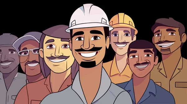 Ett Team Hårt Arbetande Byggarbetare Med Mustascher Som Arbetar Ett — Stock vektor
