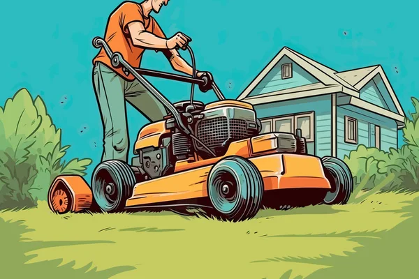 修剪草坪的人是人工智能生成的 展示了修剪得很好的草坪在充满活力的蓝天背景和房子之间的美丽 专业园林设计业务 — 图库矢量图片