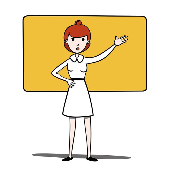 Businesswoman Showing Yellow Board Conference Presentation Cartoon Woman Presenting Copy — Stockvektor