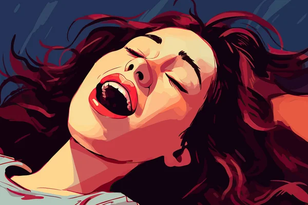 Expressive Young Woman Lying Open Mouth Happy Girl Enjoying Life — Archivo Imágenes Vectoriales