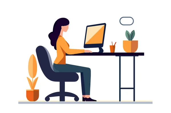 Biuro Pracy Kobieta Pracuje Biurku Profil Krzesła Widok Freelancer Pracy — Wektor stockowy