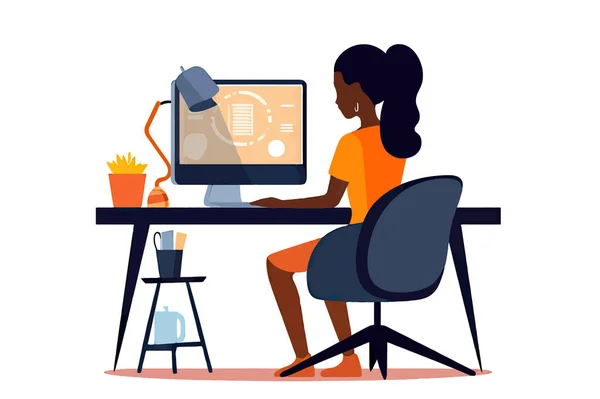 Kancelářská Práce Žena Pracující Počítači Stůl Židle Profil Pohled Volné — Stockový vektor