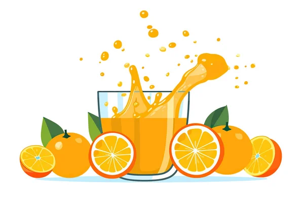 Delicious Orange Juice Splashing Pitcher Fresh Fruit Leafs Perfect Any — Stockvektor