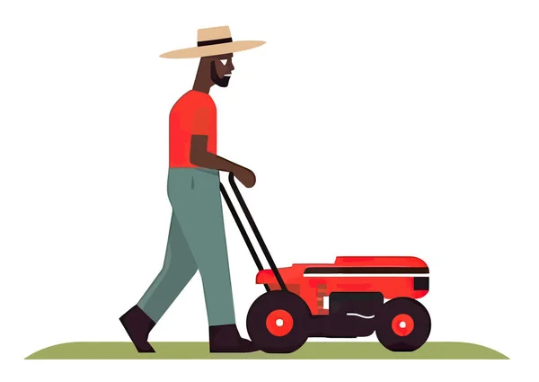 芝刈り機の造園サービスで芝生を刈る男ホームヤードメンテナンス — ストックベクタ