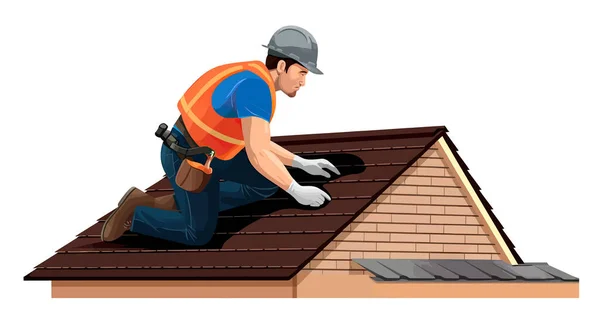 Homme Travail Sur Toit Toiture Travailleur Construction Installation Bardeau Asphalte — Image vectorielle