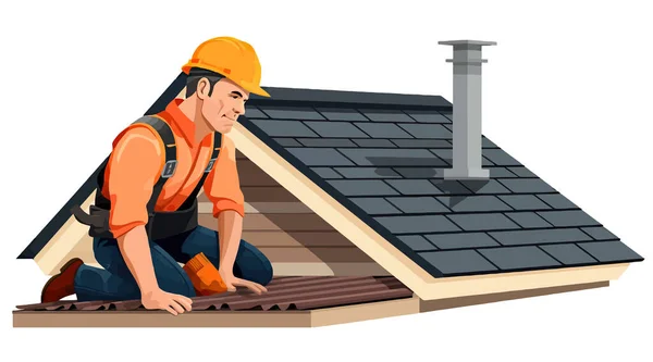 Roofer Working Roof House Repairing Tiles Construction Worker Fixing Rooftop — Stock Vector