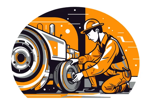 Man Changing Wheels Tractor Mechanic Fixing Brakes — Stockvector