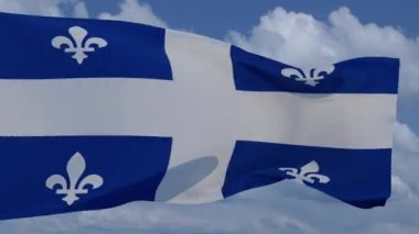 Quebec bayrağı dalgalanır rüzgar Kanada eyaletinde 24 Haziran ulusal gününde 3D animasyon sonsuz döngü