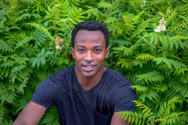 young man on green background vegetation green leafs african male sitting in the forest